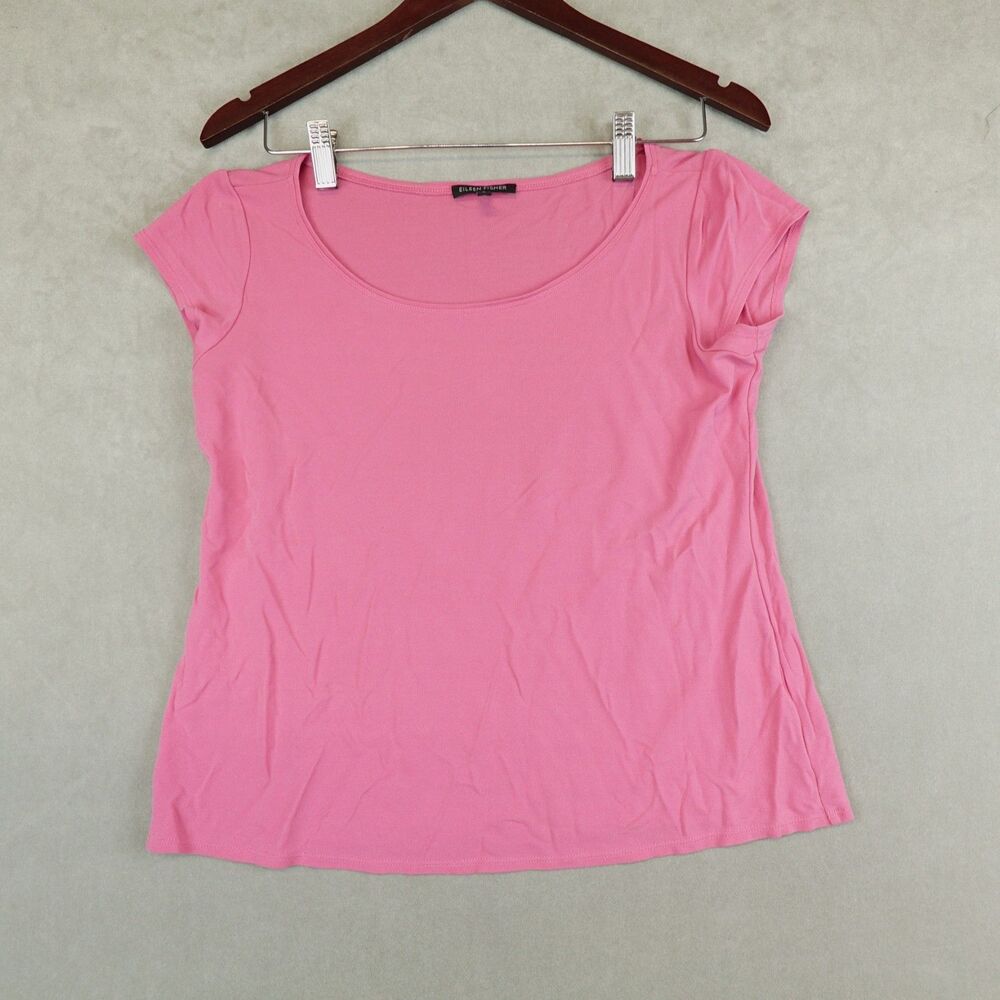 Eileen Fisher Silk Cap Sleeve Top Tee Womens Small Minimalist Scoop Neck Pink